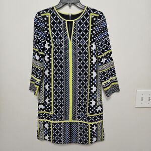 Vince Camuto Keyhole Dress Navy and white Geo Print Neon green trim SZ 2 lined